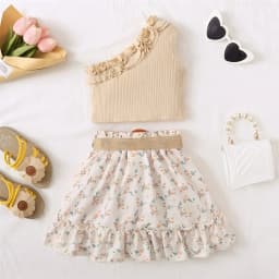 2PCS Kids Baby Girl Clothes Set Retro Off-Shoulder Top+Flowers Skirt Summer Sense Of Design Outfits for Child Girl 1-6 Years
