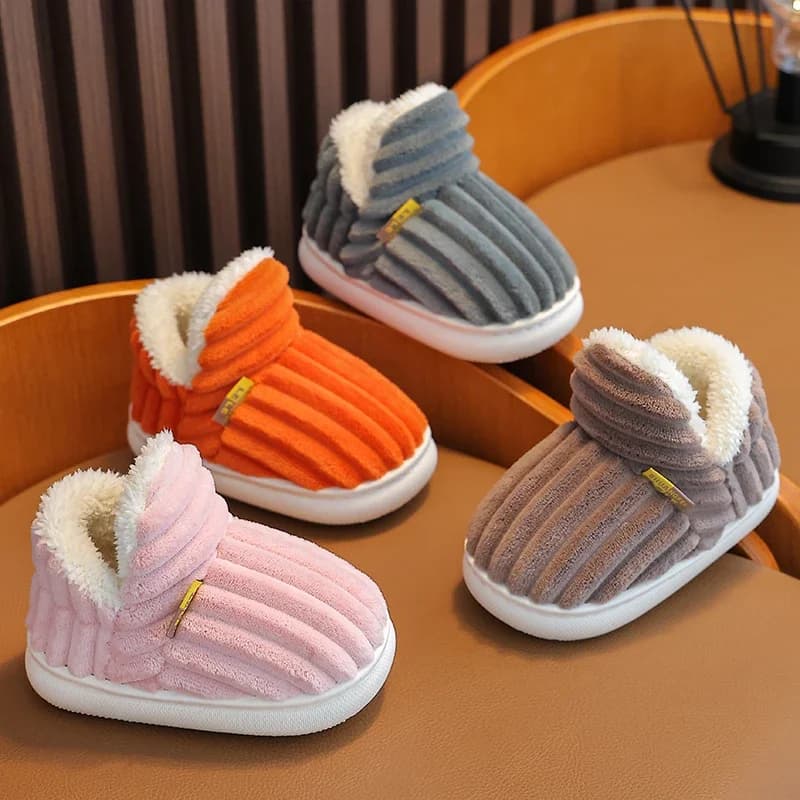 Winter Concise Stripe Children's Fluffy Slippers For Kids Boys Girls Non-slip Soft Sole Heel Wrap Warm High Home Cotton Shoes
