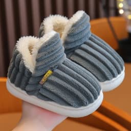Winter Concise Stripe Children's Fluffy Slippers For Kids Boys Girls Non-slip Soft Sole Heel Wrap Warm High Home Cotton Shoes