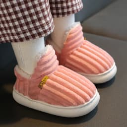 Winter Concise Stripe Children's Fluffy Slippers For Kids Boys Girls Non-slip Soft Sole Heel Wrap Warm High Home Cotton Shoes