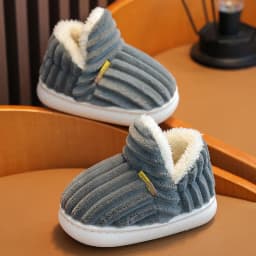 Winter Concise Stripe Children's Fluffy Slippers For Kids Boys Girls Non-slip Soft Sole Heel Wrap Warm High Home Cotton Shoes