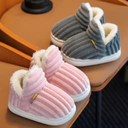 Winter Concise Stripe Children's Fluffy Slippers For Kids Boys Girls Non-slip Soft Sole Heel Wrap Warm High Home Cotton Shoes