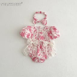2025 Summer New in Infant Princess Style Jumpsuits Newborn Kids Bow Lace Flower Outwear Toddler Bodysuits+headbands 0-24M