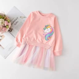 New Unicorn Girls Dress Autumn Spring Children Clothing Cotton Toddler Costume Birthday Party Kids Casual Princess Mesh Dress