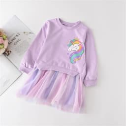 New Unicorn Girls Dress Autumn Spring Children Clothing Cotton Toddler Costume Birthday Party Kids Casual Princess Mesh Dress