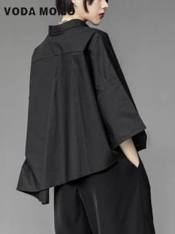 Y2K Women Streetwear Loose Summer Tops Academic Irregular Casual Three Quarter Female Blouse Chiffon Solid Shirt Gothic Fashion