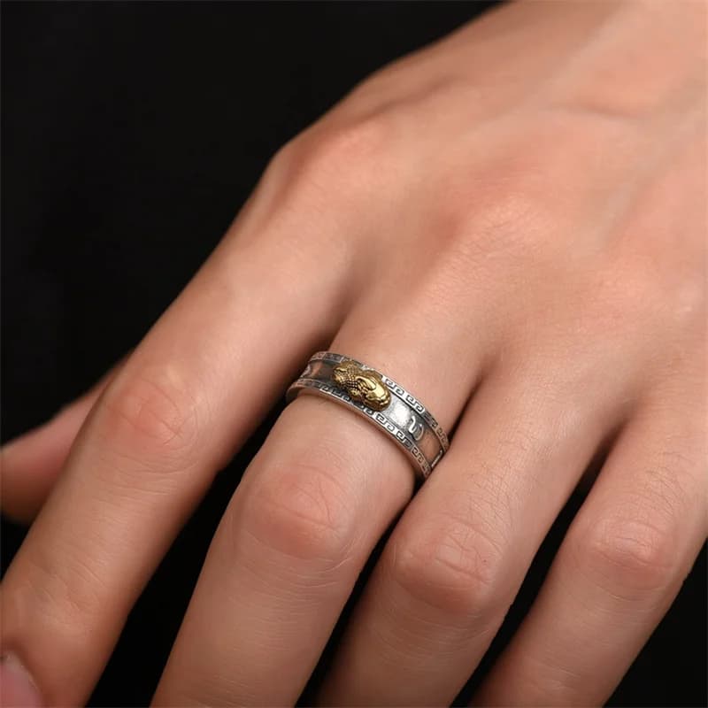 Fashion 925 Silver Ring For Men Women Jewelry Vintage Six Character Great Bright Mantra Gold Pixiu Ring Male Finger Accessories