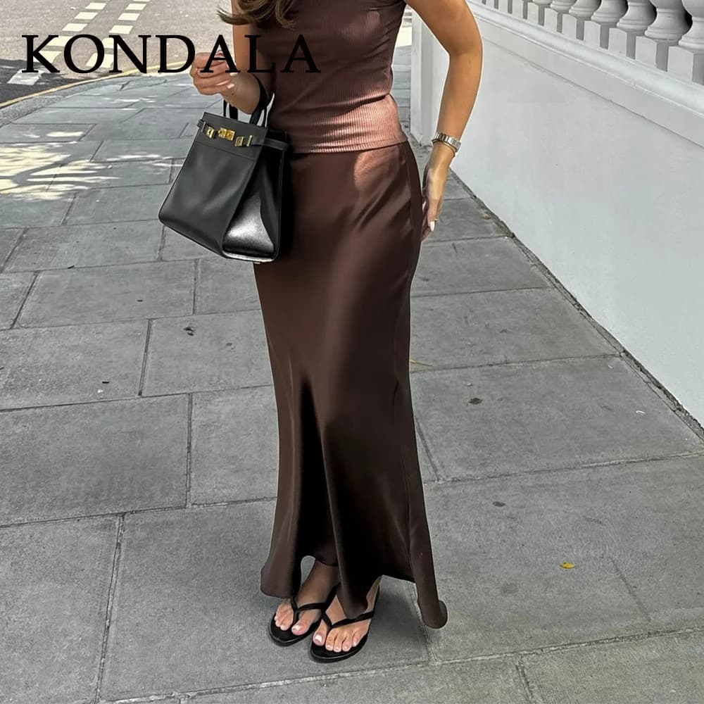 KONDALA 2026 Spring Summer Brown Satin Women Skirts Chic Elegant Prom Ladies Skirts Valentine‘s Day Beach Party Girls Skirts