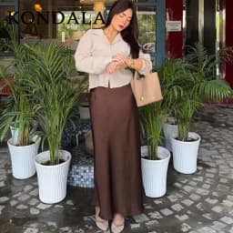 KONDALA 2026 Spring Summer Brown Satin Women Skirts Chic Elegant Prom Ladies Skirts Valentine‘s Day Beach Party Girls Skirts