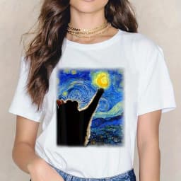 Cat & Starry Night Painting Pattern T-Shirt, Cute Crew Neck Short Sleeve Top For Spring & Summer, Women's Clothing