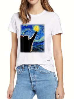 Cat & Starry Night Painting Pattern T-Shirt, Cute Crew Neck Short Sleeve Top For Spring & Summer, Women's Clothing
