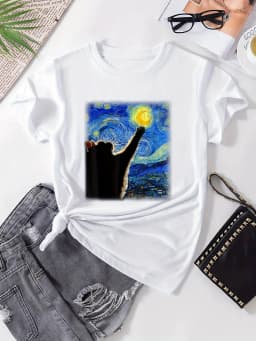 Cat & Starry Night Painting Pattern T-Shirt, Cute Crew Neck Short Sleeve Top For Spring & Summer, Women's Clothing