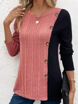 Ribbed Colorblock Button Decor T-Shirt,Casual Long Sleeve Top For Spring & Fall,Women's Clothing