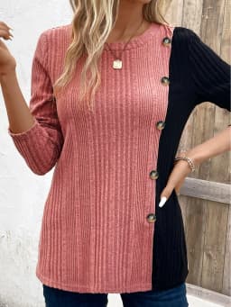 Ribbed Colorblock Button Decor T-Shirt,Casual Long Sleeve Top For Spring & Fall,Women's Clothing