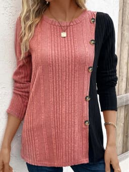 Ribbed Colorblock Button Decor T-Shirt,Casual Long Sleeve Top For Spring & Fall,Women's Clothing