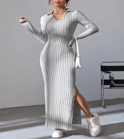 Spring and summer 2024 new style knitted slim lapel long sleeve dress pit strip solid color tight skirt