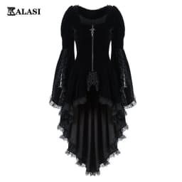Women Gothic Long Sleeve Cross Irregular Velvet Tuxedo Dresses Lace Hem Medieval Ladies Witch Dress Lolita Cosplay Costume