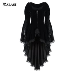 Women Gothic Long Sleeve Cross Irregular Velvet Tuxedo Dresses Lace Hem Medieval Ladies Witch Dress Lolita Cosplay Costume