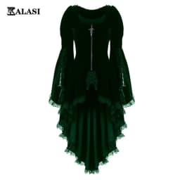 Women Gothic Long Sleeve Cross Irregular Velvet Tuxedo Dresses Lace Hem Medieval Ladies Witch Dress Lolita Cosplay Costume