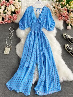 Autumn Sexy Polka Dot Romper Women Elegant V-Neck Puff Short Sleeve High Waist Jumpsuit Female Loose Wide Leg Playsuits Fashion