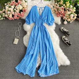 Autumn Sexy Polka Dot Romper Women Elegant V-Neck Puff Short Sleeve High Waist Jumpsuit Female Loose Wide Leg Playsuits Fashion