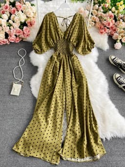 Autumn Sexy Polka Dot Romper Women Elegant V-Neck Puff Short Sleeve High Waist Jumpsuit Female Loose Wide Leg Playsuits Fashion
