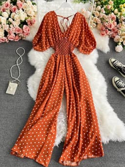 Autumn Sexy Polka Dot Romper Women Elegant V-Neck Puff Short Sleeve High Waist Jumpsuit Female Loose Wide Leg Playsuits Fashion