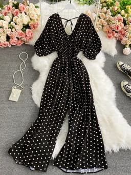 Autumn Sexy Polka Dot Romper Women Elegant V-Neck Puff Short Sleeve High Waist Jumpsuit Female Loose Wide Leg Playsuits Fashion