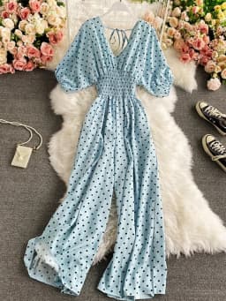 Autumn Sexy Polka Dot Romper Women Elegant V-Neck Puff Short Sleeve High Waist Jumpsuit Female Loose Wide Leg Playsuits Fashion