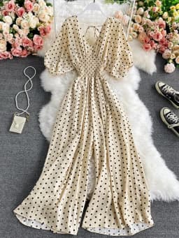 Autumn Sexy Polka Dot Romper Women Elegant V-Neck Puff Short Sleeve High Waist Jumpsuit Female Loose Wide Leg Playsuits Fashion