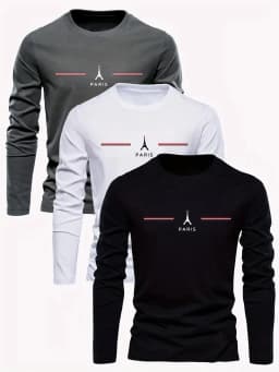 Men's 100% Pure Cotton Loose Fit Plus Size Comfortable Casual Sports Paris Letter Printed Round Neck Long Sleeved T-Shirt Top