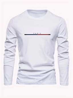 Men's 100% Pure Cotton Loose Fit Plus Size Comfortable Casual Sports Paris Letter Printed Round Neck Long Sleeved T-Shirt Top