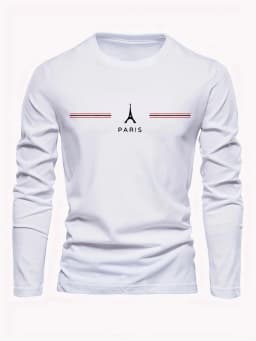 Men's 100% Pure Cotton Loose Fit Plus Size Comfortable Casual Sports Paris Letter Printed Round Neck Long Sleeved T-Shirt Top