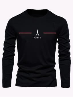 Men's 100% Pure Cotton Loose Fit Plus Size Comfortable Casual Sports Paris Letter Printed Round Neck Long Sleeved T-Shirt Top