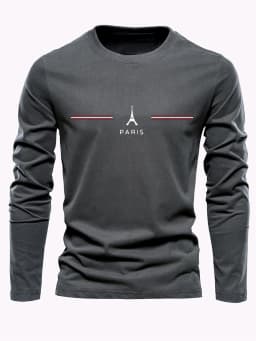 Men's 100% Pure Cotton Loose Fit Plus Size Comfortable Casual Sports Paris Letter Printed Round Neck Long Sleeved T-Shirt Top