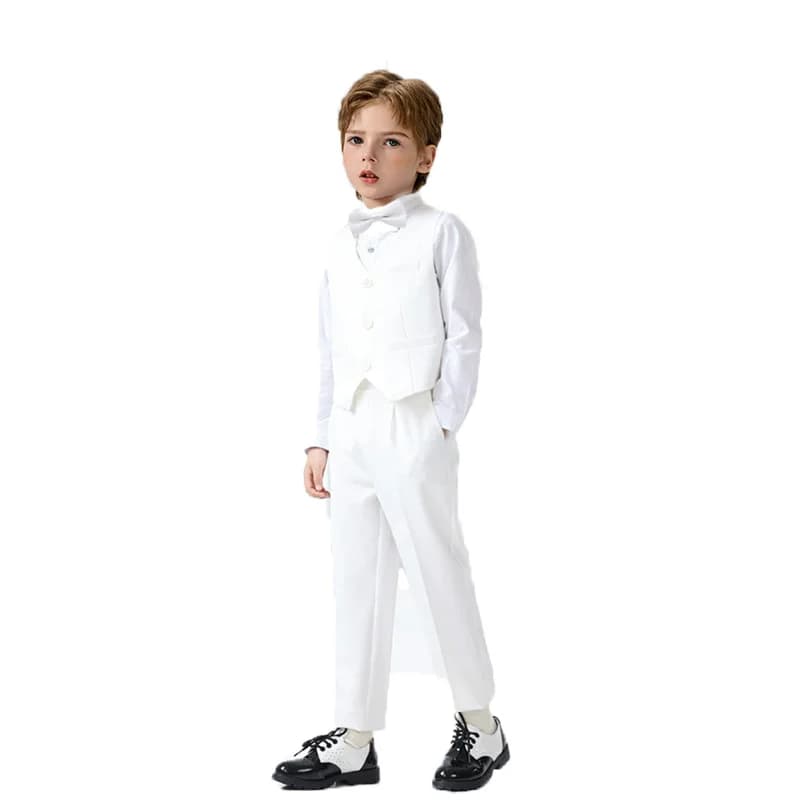 British Kids Summer White 3Pieces/Set Vest Pants Bowtie Photograph Suit Children Stage Performance Suit Boys Wedding Costume