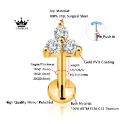 ASTM F136 G23 Titanium Flower Petals Threadless Piercing Daith Conch Tragus Flat Back Earring Pin Push in Lip Stud 16G 18G 20G