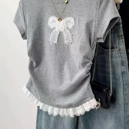 Fanan Retro Bow Lace Short Sleeved T-shirt Woman Y2K Round Neck Stitching Design Top Women Summer Korean Slim Fit Cropped Tees