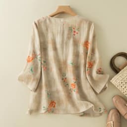 Chinese Style Apricot Floral Printing O-Neck Short Sleeve T-shirt Women's Blouse Shirt Korean Fashion Female Clothing Tops 2024