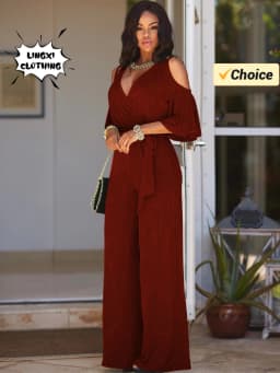 2024 Spring/Summer New Women's Plus Size Jumpsuit Loose Elastic V-neck Off Shoulder Waist Loose Wide Leg Pants Women's Wear