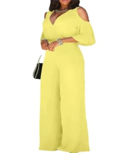 2024 Spring/Summer New Women's Plus Size Jumpsuit Loose Elastic V-neck Off Shoulder Waist Loose Wide Leg Pants Women's Wear