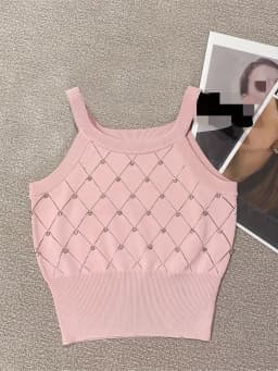 Solid Rhinestone Eyelet Spaghetti Top Casual Crew Neck Sleeveless Knitted Cami Top For Spring Summer Women's Clothing Crop Top