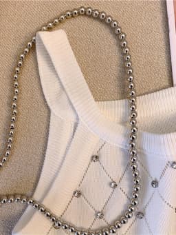 Solid Rhinestone Eyelet Spaghetti Top Casual Crew Neck Sleeveless Knitted Cami Top For Spring Summer Women's Clothing Crop Top