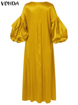 VONDA Women Summer Party Dress 2024 Elegant Lantern Sleeve Solid Satin Evening Sundress Casual Loose V-Neck Bohemian Maxi Robe