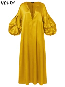 VONDA Women Summer Party Dress 2024 Elegant Lantern Sleeve Solid Satin Evening Sundress Casual Loose V-Neck Bohemian Maxi Robe