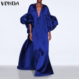 VONDA Women Summer Party Dress 2024 Elegant Lantern Sleeve Solid Satin Evening Sundress Casual Loose V-Neck Bohemian Maxi Robe