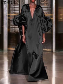 VONDA Women Summer Party Dress 2024 Elegant Lantern Sleeve Solid Satin Evening Sundress Casual Loose V-Neck Bohemian Maxi Robe