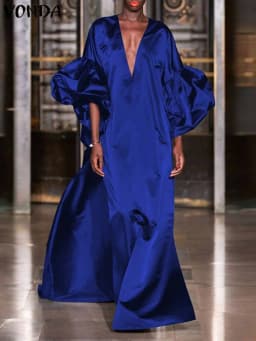 VONDA Women Summer Party Dress 2024 Elegant Lantern Sleeve Solid Satin Evening Sundress Casual Loose V-Neck Bohemian Maxi Robe