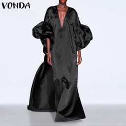 VONDA Women Summer Party Dress 2024 Elegant Lantern Sleeve Solid Satin Evening Sundress Casual Loose V-Neck Bohemian Maxi Robe