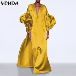 VONDA Women Summer Party Dress 2024 Elegant Lantern Sleeve Solid Satin Evening Sundress Casual Loose V-Neck Bohemian Maxi Robe